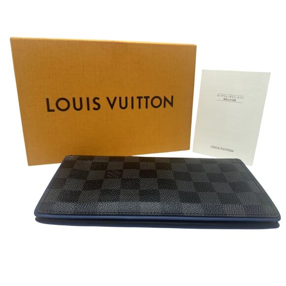 LOUIS VUITTON Damier Graphite Canvas Blue Leather Brazza Wallert EUC w Box RARE